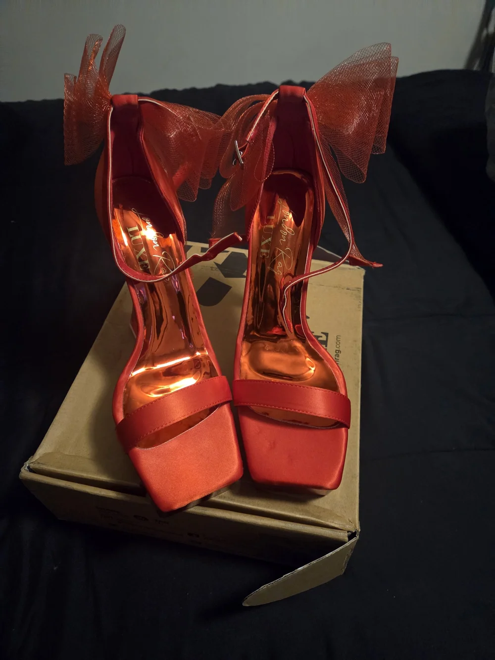 Red Platform Ankle-Strap Heels with Tulle Accent
